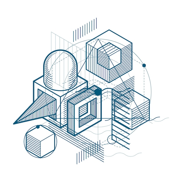 Abstrait avec des éléments isométriques, art linéaire vectoriel avec des lignes et des formes. Cubes, hexagones, carrés, rectangles et différents éléments abstraits.