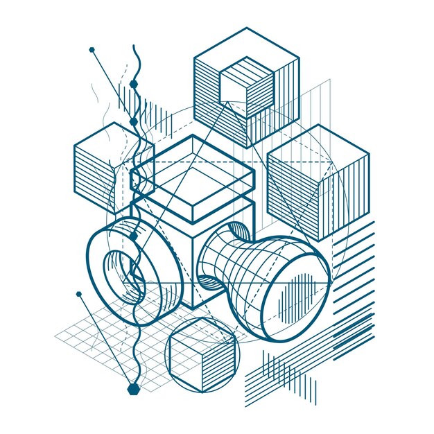 Abstrait avec des éléments isométriques, art linéaire vectoriel avec des lignes et des formes. Cubes, hexagones, carrés, rectangles et différents éléments abstraits.