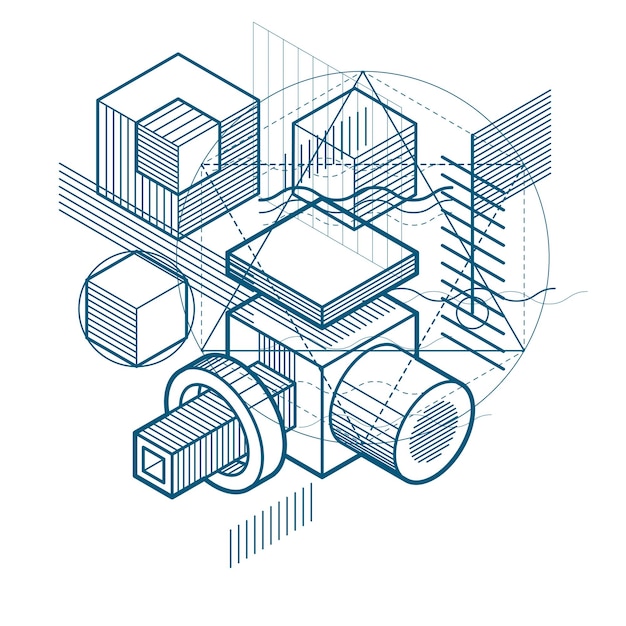 Abstrait avec des éléments isométriques, art linéaire vectoriel avec des lignes et des formes. Cubes, hexagones, carrés, rectangles et différents éléments abstraits.