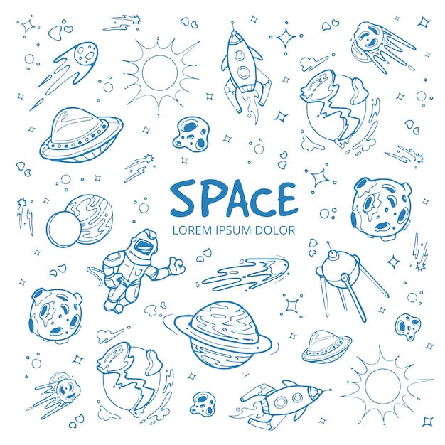 Abstrait espace avec des planètes, des étoiles, des vaisseaux spatiaux et des objets de l'univers.