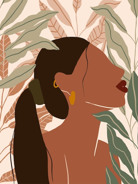 Abstrait féminin avec des feuilles exotiques branche d'arbre Affiche minimaliste moderne