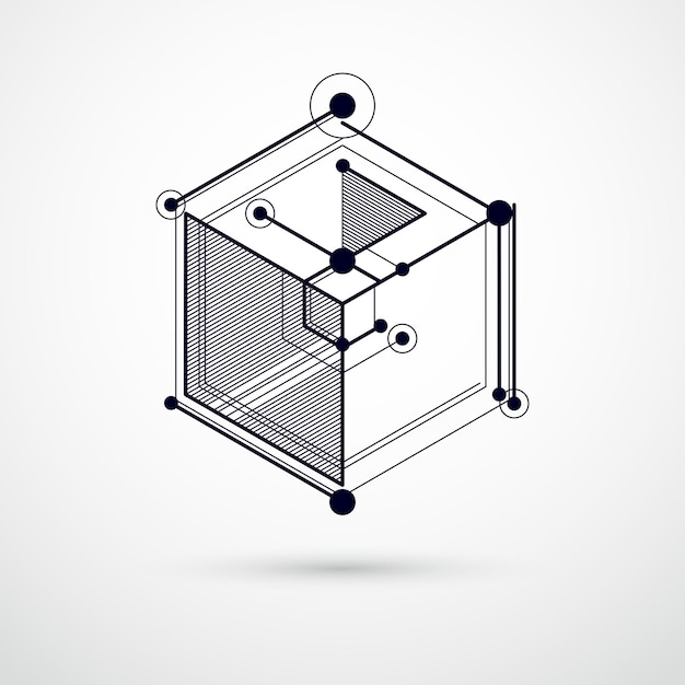 Abstrait géométrique vecteur noir et blanc avec des cubes et d'autres éléments. Composition de cubes, hexagones, carrés, rectangles et éléments abstraits. Arrière-plan parfait pour vos créations