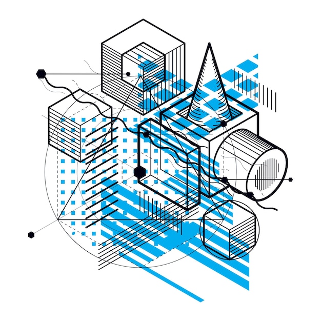 Abstrait avec des lignes isométriques, illustration vectorielle. Modèle composé de cubes, d'hexagones, de carrés, de rectangles et de différents éléments abstraits.