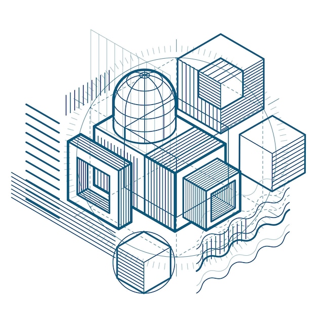 Abstrait avec des lignes isométriques, illustration vectorielle. Modèle composé de cubes, d'hexagones, de carrés, de rectangles et de différents éléments abstraits.