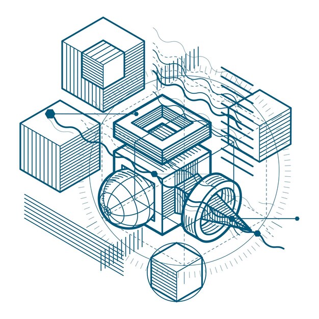 Abstrait avec des lignes isométriques, illustration vectorielle. Modèle composé de cubes, d'hexagones, de carrés, de rectangles et de différents éléments abstraits.