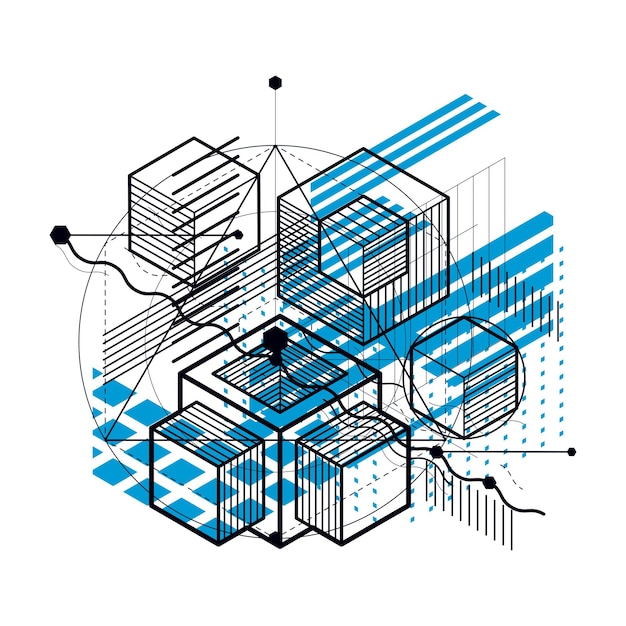 Abstrait avec des lignes isométriques, illustration vectorielle. Modèle composé de cubes, d'hexagones, de carrés, de rectangles et de différents éléments abstraits.