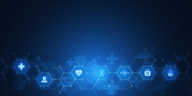 Abstrait médical avec des icônes et des symboles. Modèle avec concept et idée pour la technologie de la santé, la médecine de l'innovation, la santé, la science et la recherche.