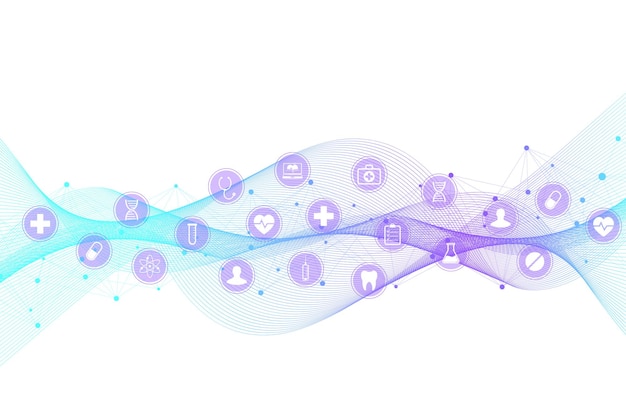 Vecteur abstrait médical avec motif d'icône de soins de santé. concept d'innovation médicale. lignes et points de brin d'adn, flux d'ondes, structure de molécules d'adn pour votre conception. illustration vectorielle de soins de santé