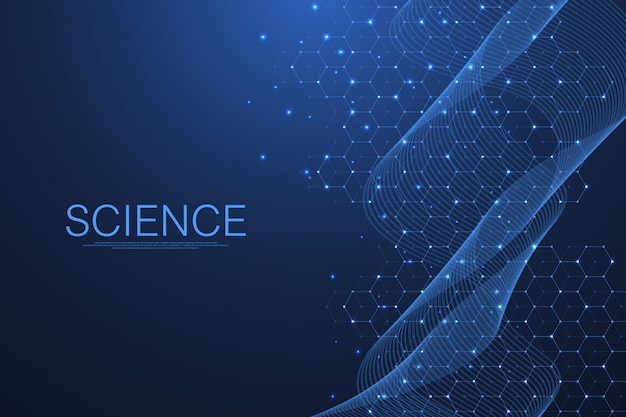 Abstrait médical recherche ADN, molécule, génétique, génome, chaîne d'ADN. Concept d'art analyse génétique avec hexagones, vagues, lignes, points. Molécule de concept de réseau de biotechnologie, vector
