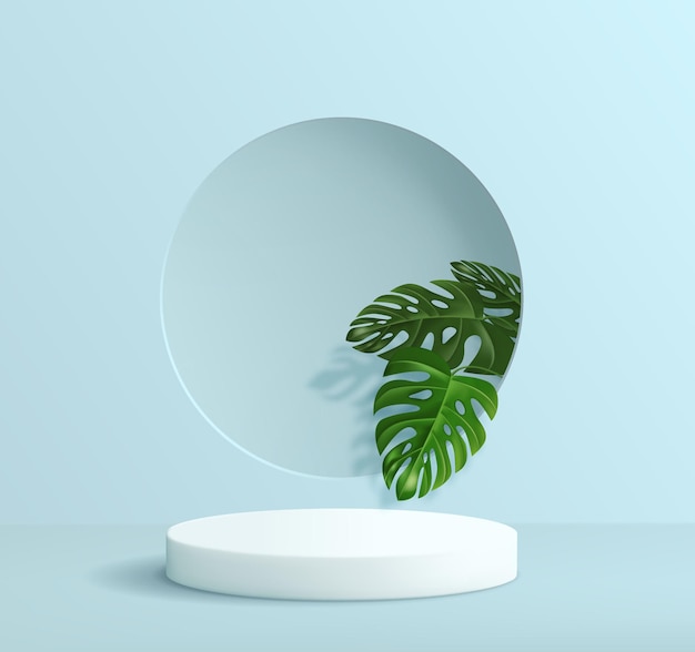 Abstrait Minimaliste Avec Un Piédestal Dans Les Tons Bleus. Podium Vide Pour L'affichage Du Produit Avec Des Décorations De Feuilles De Monstera Tropicales.