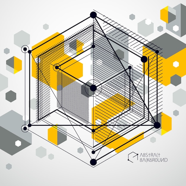 Abstrait moderne rétro jaune 3D, illustration vectorielle de formes futuristes géométriques. Schéma abstrait du moteur ou du mécanisme d'ingénierie.
