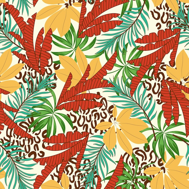 Abstrait Motif Tropical Sans Couture Avec Des Plantes Et Des Feuilles Lumineuses Sur Un Fond Pastel