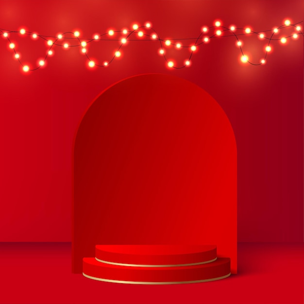 Abstrait Avec Des Podiums 3d Géométriques De Couleur Rouge Pour Le Nouvel An. Illustration Vectorielle.