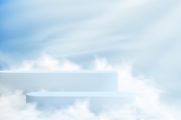 Abstrait réaliste avec des socles sur le fond du ciel dans les nuages. Ensemble de podiums vides pour présenter le produit dans des couleurs pastel.