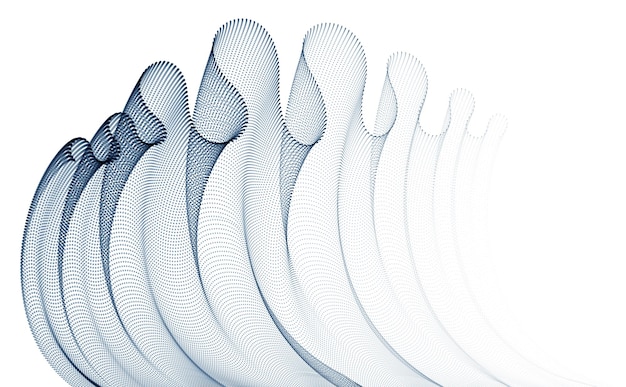 Abstrait de vecteur avec vague de particules fluides, lignes de forme de courbe lisse, textile de tulle transparent sur le vent. Maille mélangée magique de points de forme 3d.