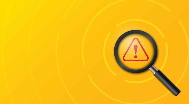 Vecteur l'accent de la loupe 3d signe d'avertissement de précaution rouge sur l'arrière-plan du circuit utilisé pour la notification des défauts et des erreurs illustration vectorielle