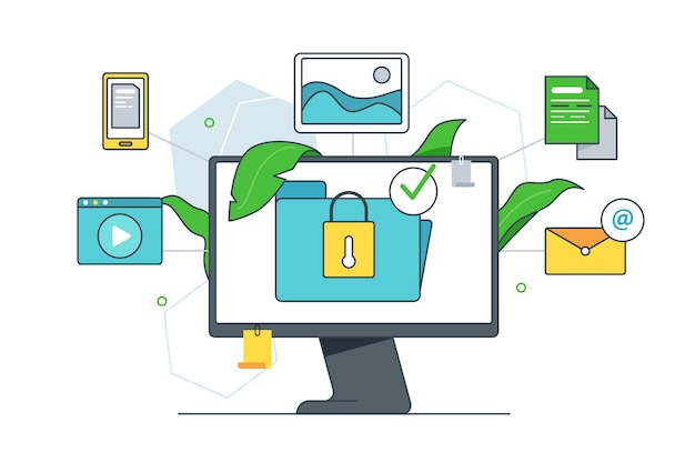 Vecteur accès sécurisé à l'illustration vectorielle du document d'archive. stockage en nuage de fichiers, style plat de dossier de documents. droit d'accès, concept de partage de fichiers sécurisé