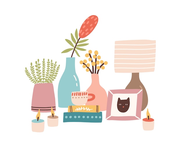 Accessoires De Décoration Sur La Coiffeuse Table De Chevet. Articles De Fille Modernes, Des Trucs. Bougie Allumée, Portrait Photo De Chat, Plante D'intérieur, Fleur, Livre. Illustration De Dessin Animé De Vecteur Plat Isolé Sur Fond Blanc.
