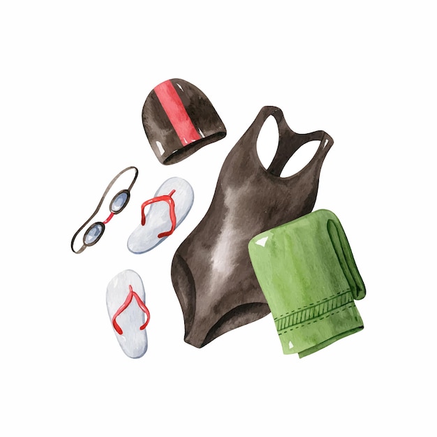 Accessoires et équipement de natation féminine Clipart vectoriel dessinés à la main aquarelle