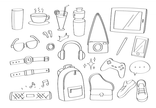 Accessoires de gadgets de style de vie mignon doodle icônes et mode de dessin animé icônes.
