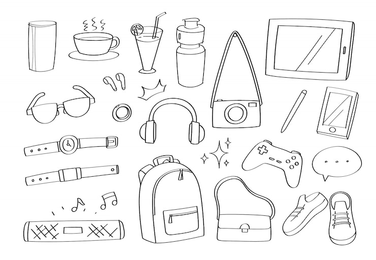 Vecteur accessoires de gadgets de style de vie mignon doodle icônes et mode de dessin animé icônes.