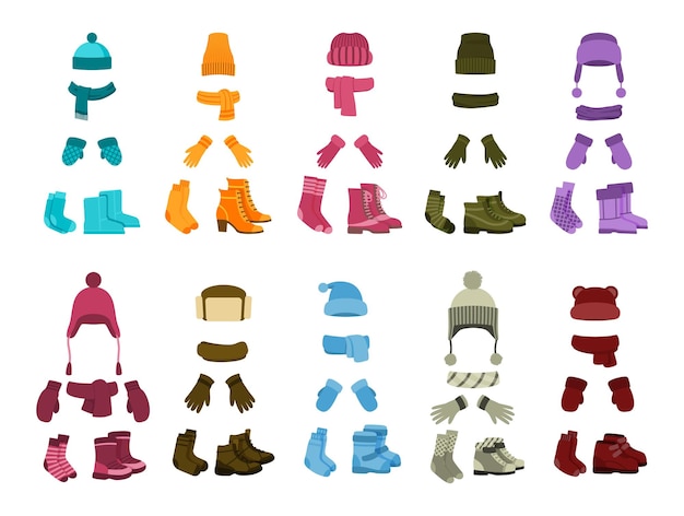 Vecteur accessoires d'hiver de dessin animé fille colorée vêtements chauds isolé chapeau et écharpe enfant mitaines et bottes mode tenue saisonnière éléments vectoriels récents