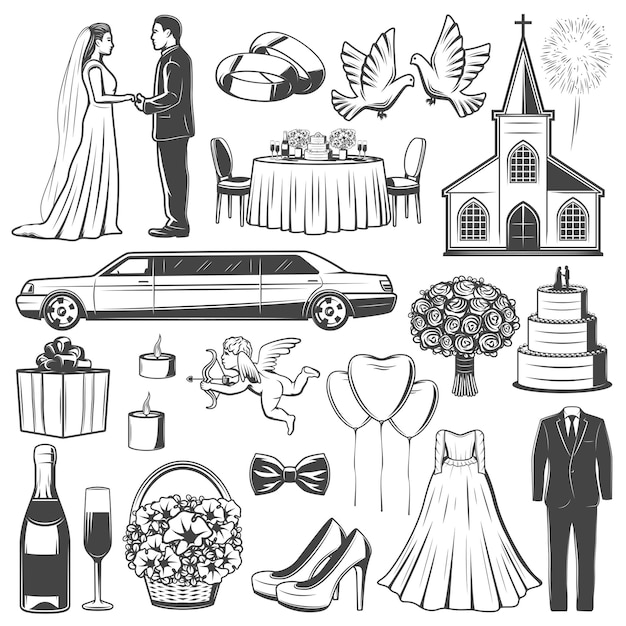 Vecteur accessoires de mariage et icônes de fiançailles
