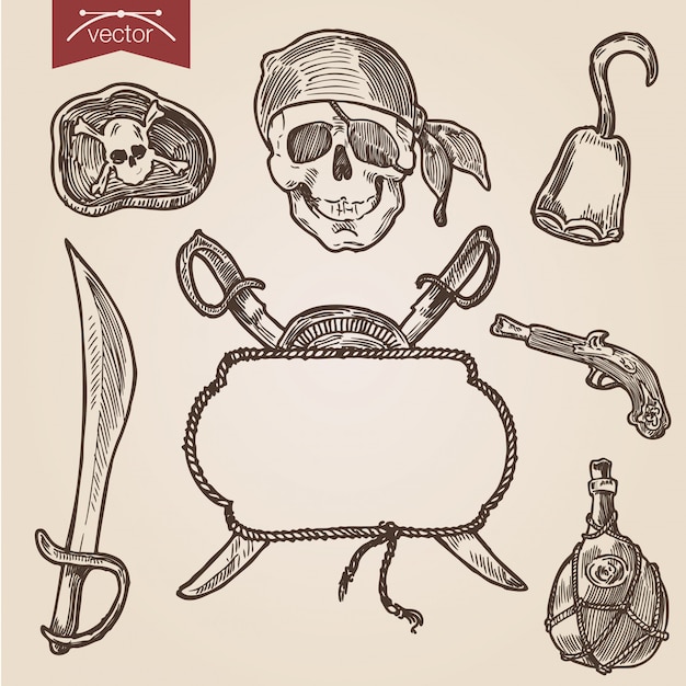 Accessoires De Pirate Dans Un Style De Gravure Dessiné à La Main