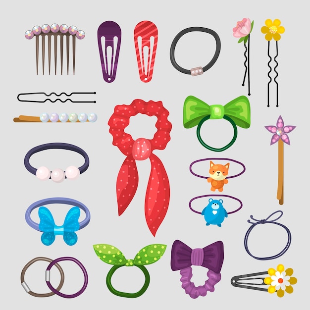 Accessoires pour cheveux Épingles en plastique d'équipement de fille élégante clips outils de toilettage élastiques ensemble de couleur de vecteur récent Illustration de l'accessoire de poils d'équipement en plastique