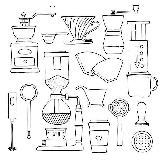 Accessoires Pour Illustration Vectorielle Café Lineart Noir Et Blanc Doodle