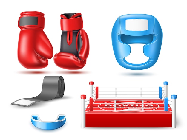 Vecteur accessoires sportifs de boxe réalistes éléments sportifs de combat objets isolés 3d gants casque protecteur buccal et anneau uniforme et équipement de protection vêtements sportifs pour punch utter set vectoriel