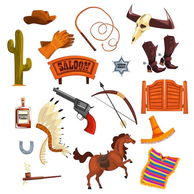 Accessoires et symboles de cowboys Illustrations sur fond blanc