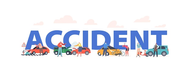 Accident De Voiture Avec Des Personnes Sur La Route Concept Voitures Cassées Avec Une Voiture à Vapeur Bump Dans Une Berline De Scooter Bump Dans Un Vélo Et Une Affiche Pour Piétons Bannière Ou Flyer Cartoon People Vector Illustration