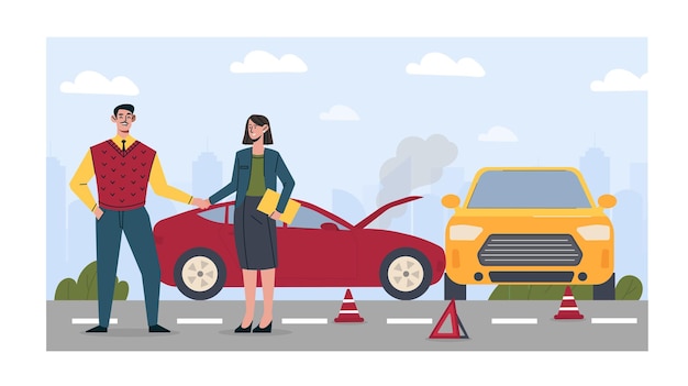 Accident de voiture sur la route un homme et une femme se tiennent près de voitures rouges et jaunes automobile cassée et transport à