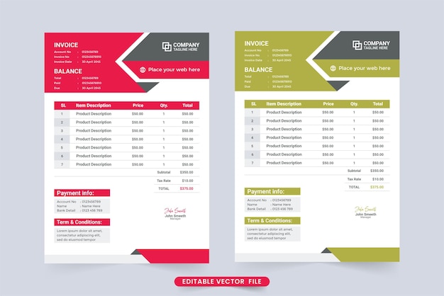 Accord De Paiement Et Vecteur De Modèle De Facture De Facture Avec Des Couleurs Rouges Et Vertes Traqueur D'informations Sur Les Produits Commerciaux Et Conception De Reçu De Caisse Décoration Minimale De Modèle De Facture Avec Des Formes Modernes