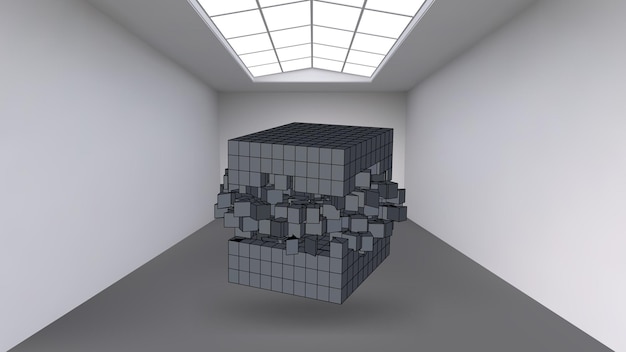 Accrocher le cube à une multitude de petits polygones dans la grande salle vide. Espace d'exposition aux formes cubiques abstraites. Le cube au moment de l'explosion est divisé en fines particules.