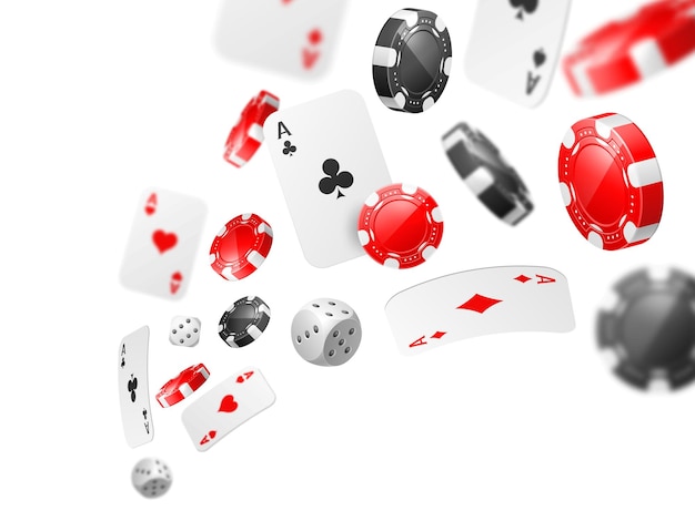 Vecteur aces et jetons volants éléments de jeu réalistes cartes 3d de différentes combinaisons jouer des as et des jetons de jeu de casino rouges et noirs composition du jackpot concept vectoriel total isolé