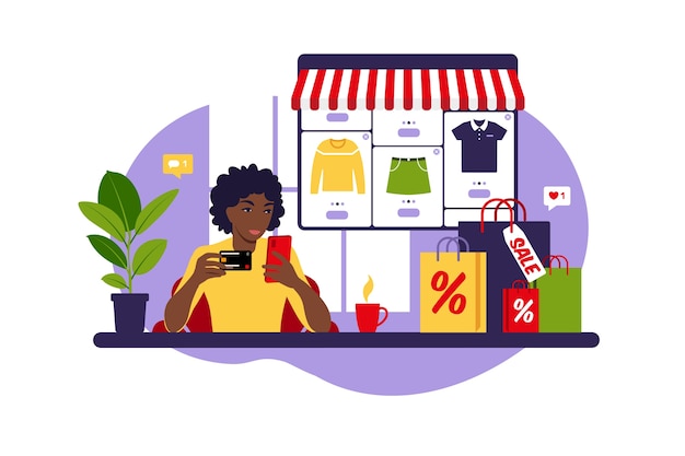 Achats en ligne femme africaine. Vendredi noir. Payez avec une carte de crédit. Vente. Concept moderne pour le web. Style plat.