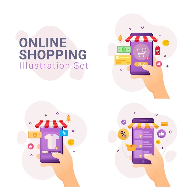 Achats en ligne avec jeu d'illustrations de périphérique mobile