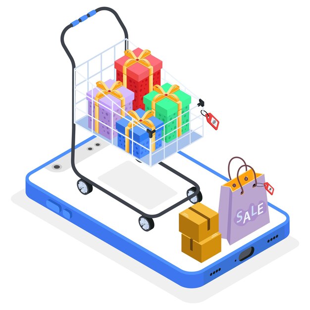 Achats en ligne avec un panier avec des cadeaux et des articles en vente