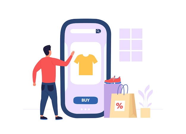 Achats en ligne Personnage masculin choisissant un t-shirt sur l'écran du smartphone Homme effectuant des paiements numériques avec un smartphone