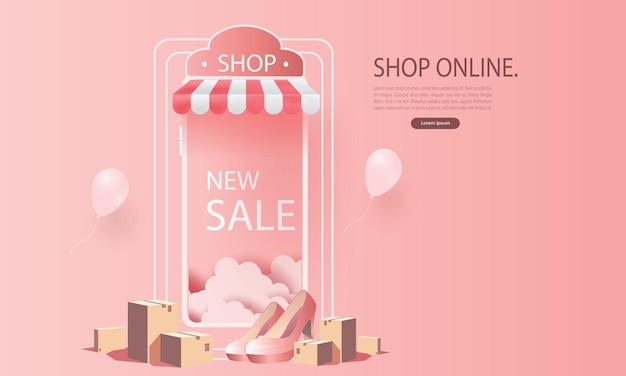 achats en ligne sur smartphone et nouvelle promotion de vente d'achat fond rose pour le commerce électronique du marché des bannières