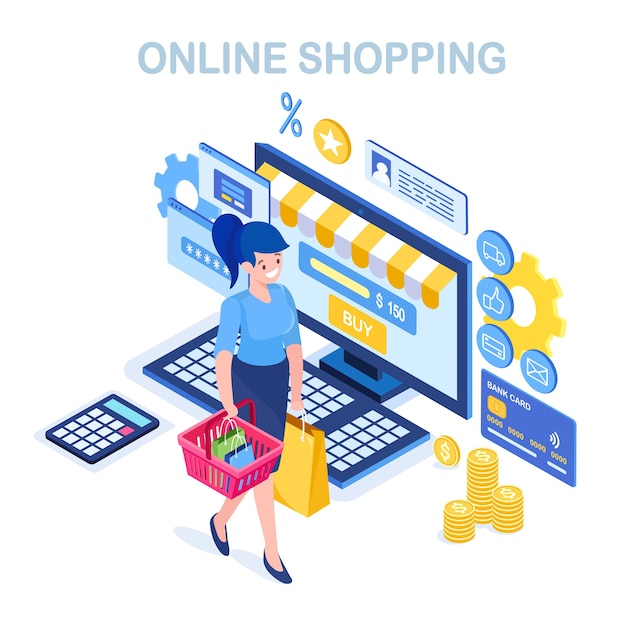 Vecteur achats en ligne, vente. achetez en magasin par internet. femme isométrique avec panier, ordinateur, argent
