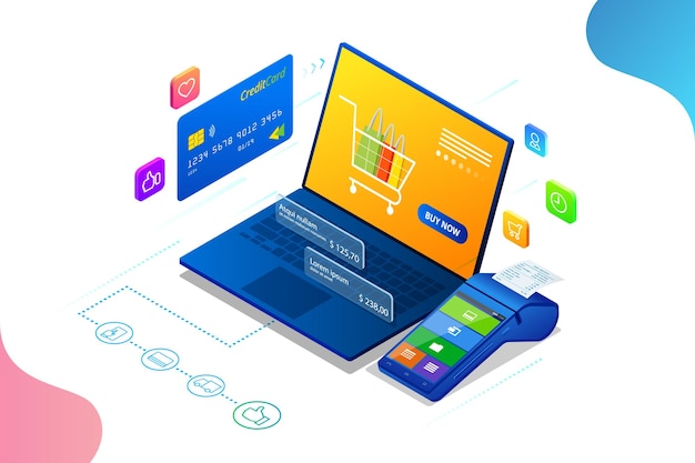 Achats en ligne Vente Consumérisme et boutique en ligne Modèle d'achat en ligne pour smartphone intelligent isométrique Marketing mobile et commerce électronique Illustration vectorielle
