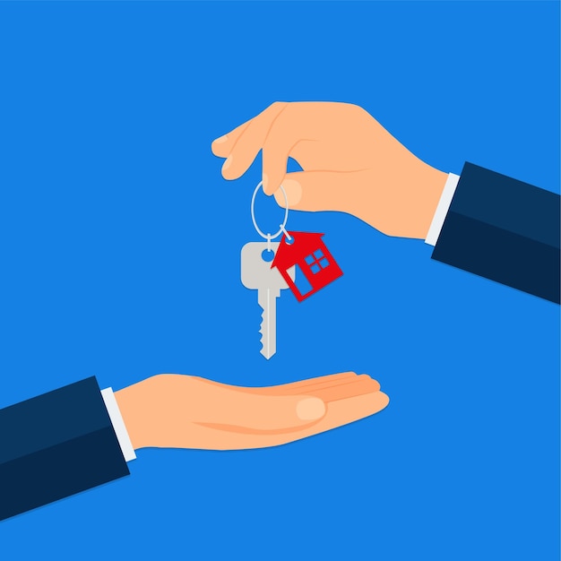 Acheter une nouvelle maison L'agent immobilier donne un trousseau de maison à un acheteur Illustration vectorielle