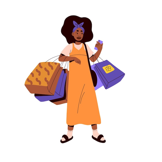 Vecteur acheteur de fille avec des sacs à provisions. jeune cliente noire dans des vêtements de mode modernes avec des achats.