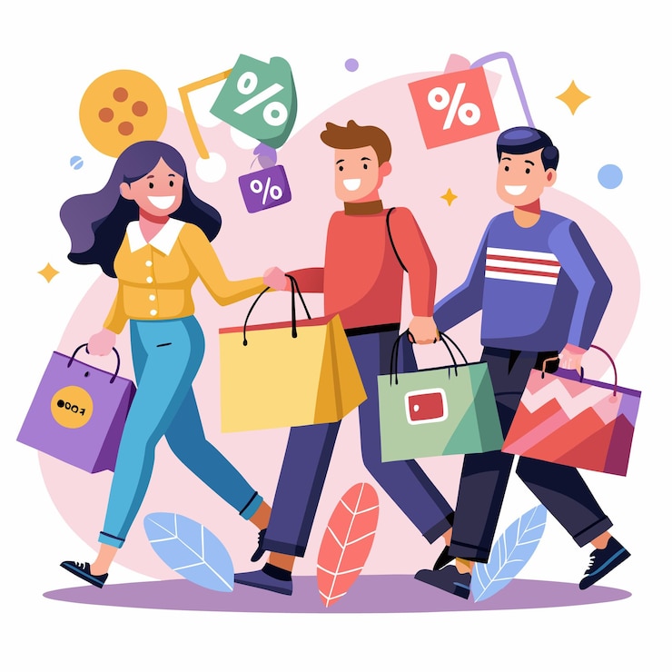 Vecteur les acheteurs heureux portent des sacs avec des réductions et des ventes
