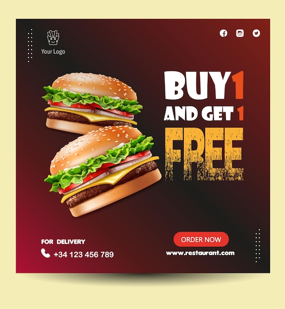 Vecteur achetez-en 1 et obtenez 1 modèle de flyer de hamburger gratuit.