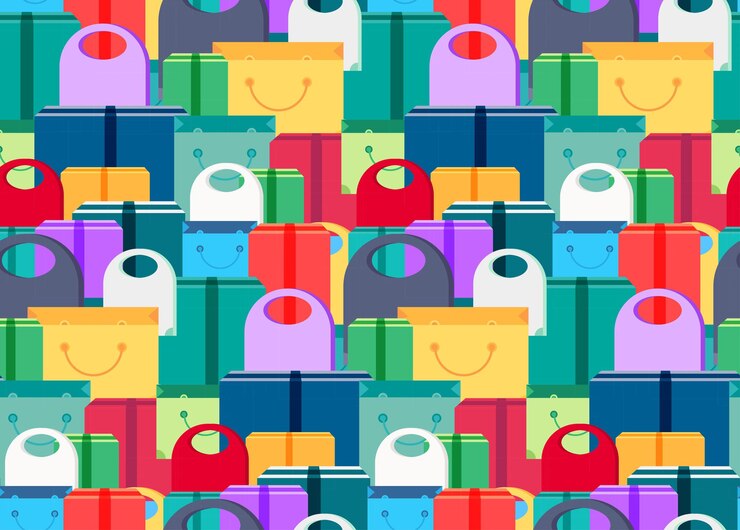 Achetez le modèle sans couture des sacs à provisions, des boîtes et des emballages avec des produits. Bannière de vente. Magasin d'étagères avec offre d'impression, d'emballage, de prospectus, d'autocollant, d'affiche. Vecteur