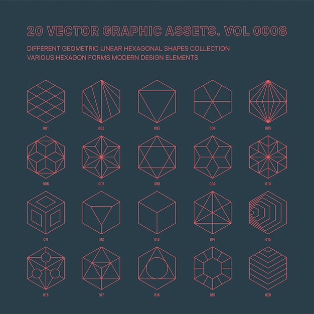 Actifs graphiques vectoriels Ensemble d'hexagones géométriques de contour divers isolés sur le dos